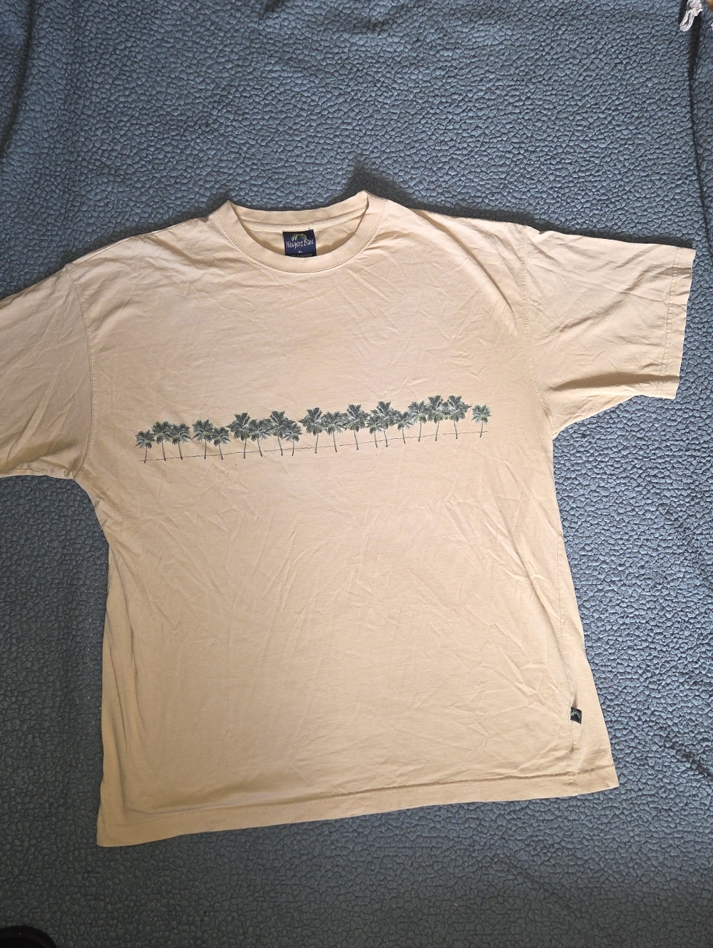 Mens Newport Blue Cream T-Shirt with Palm Tree Graphics.